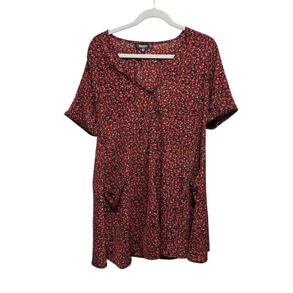 Missguided Black Red Floral V-Neck Mini Dress Women's US 6 boho chic cottagecore